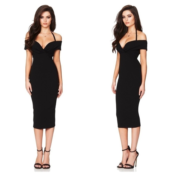 NOOKIE Athena Off The Shoulder Midi Dress Black - Picture 2 of 5